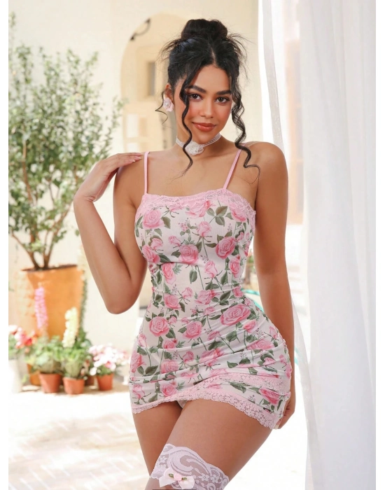 Çiçek Desenli Seksi Elbise Takımı ( Çorap Dahil Değildir  )