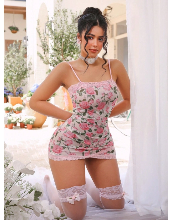 Çiçek Desenli Seksi Elbise Takımı ( Çorap Dahil Değildir  )