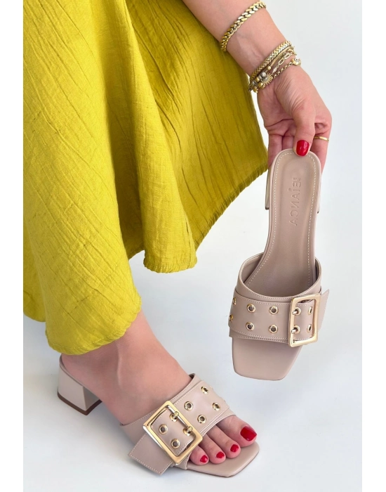 Ciey Bej Cilt Topuklu Terlik - Bamido