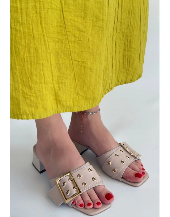 Ciey Bej Cilt Topuklu Terlik - Bamido