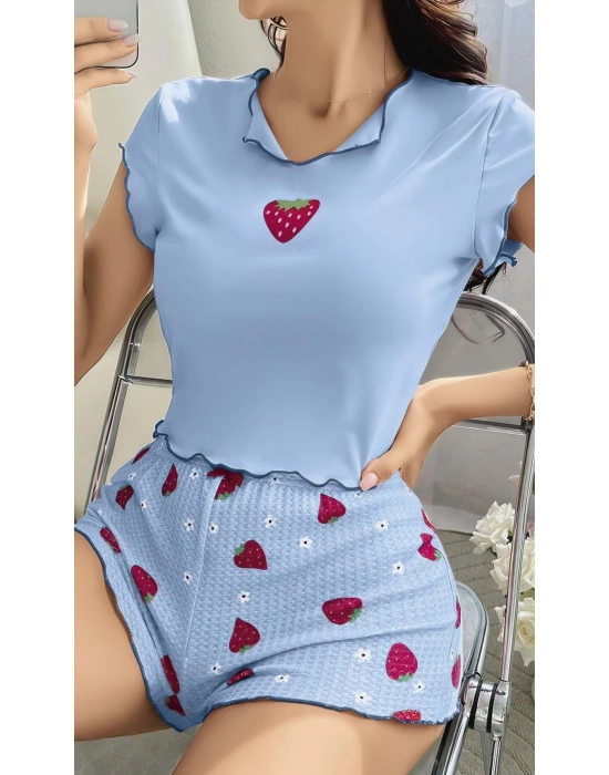Çilek Desenli Mavi Seksi Pijama Takım