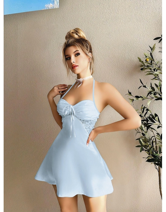 Dantel İşlemeli Boyundan Bağlamalı Mavi Saten Gecelik