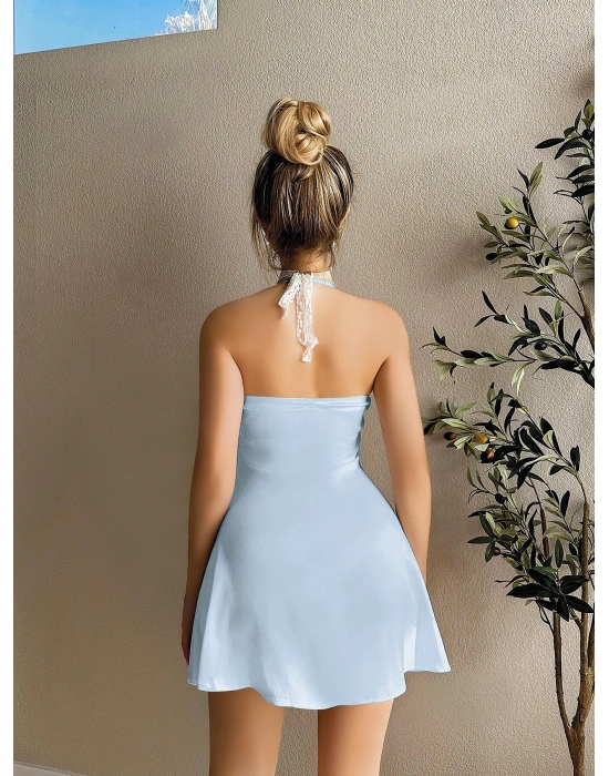 Dantel İşlemeli Boyundan Bağlamalı Mavi Saten Gecelik