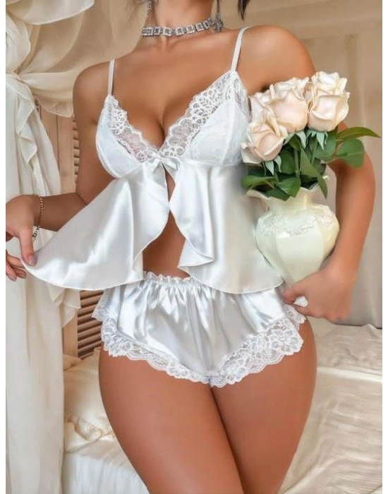 Dantel İşlemeli İnce Askılı Beyaz Saten Şortlu Takım