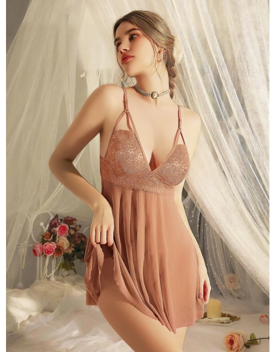 Dantel İşlemeli Tül Transparan Kahverengi Fantezi Gecelik