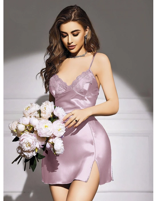 Dantel İşlemeli Yırtmaçlı Pembe Saten Gecelik