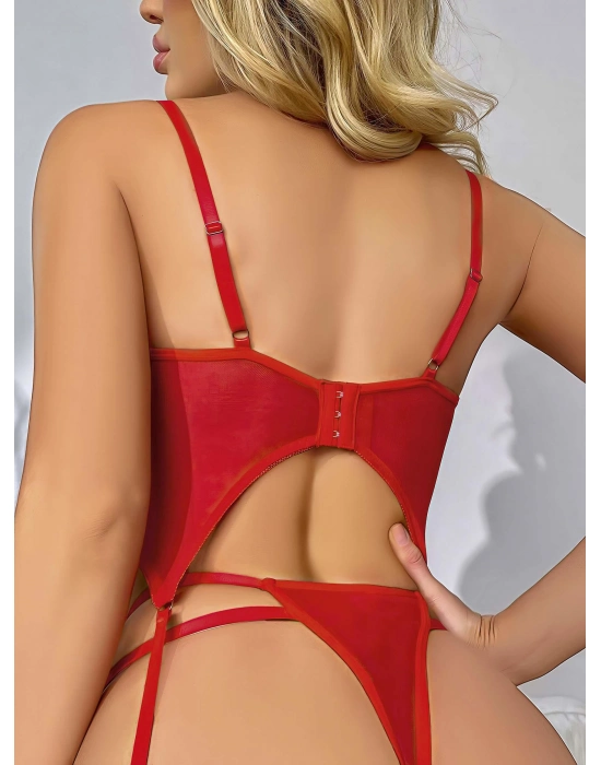 Dantel Transparan Kırmızı Badysuit 4lü Takım 7003