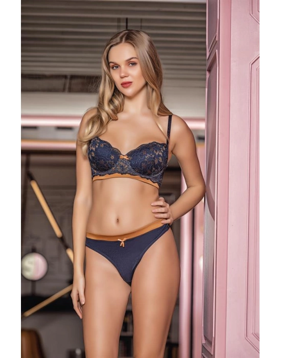 Dantelli Hafif Destekli Sütyen String Takım Lacivert (brf31692)