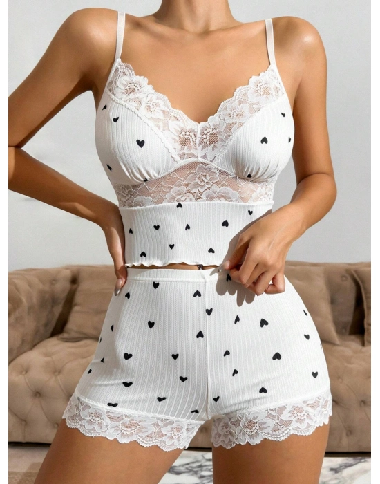 Dantelli Siyah Kalpli Şortlu Pijama Takımı
