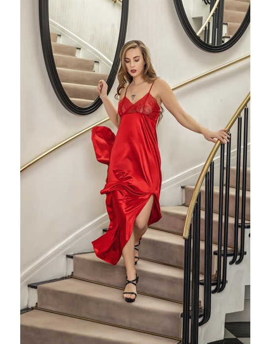 Dantelli Uzun Yırbrfaçlı Saten Gecelik Elbise String Takım Kırmızı (brf31512)