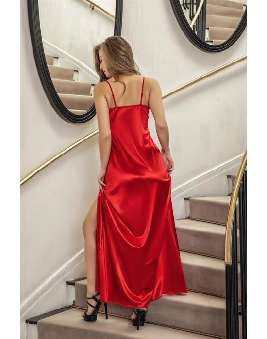 Dantelli Uzun Yırbrfaçlı Saten Gecelik Elbise String Takım Kırmızı (brf31512)