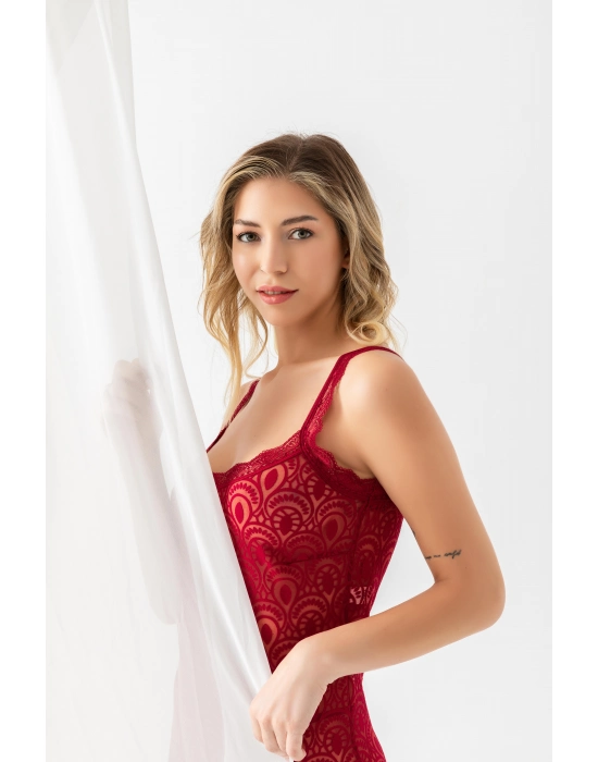 Devore Transparan Babydoll String Takım Bordo (31842)