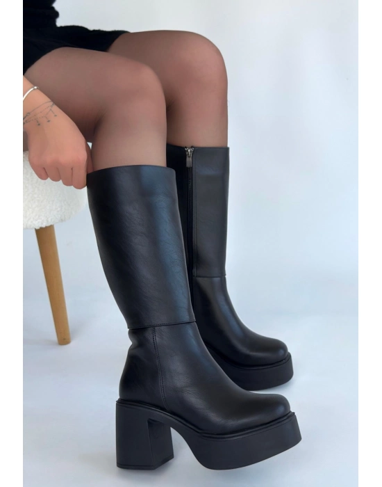 Disan Siyah Cilt Topuklu Çizme - Bamido