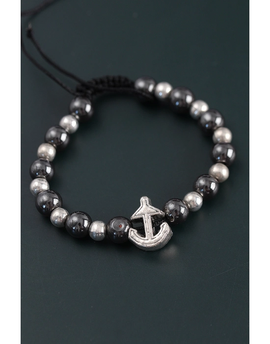 Doğal Taş Çapa Model Gümüş Ve Füme Renk Asansörlü Erkek Bileklik - Bamido