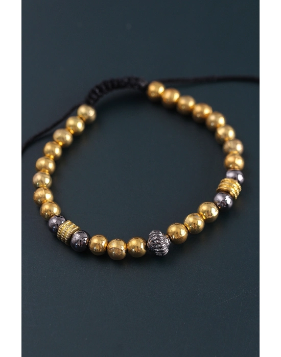 Doğal Taş Çember Model Gold Ve Füme Renk Asansörlü Erkek Bileklik - Bamido