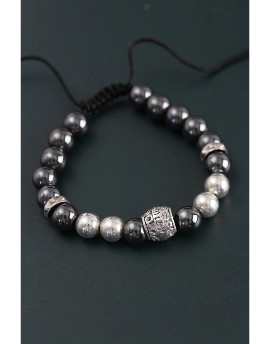 Doğal Taş Family Model Gümüş Ve Füme Renk Asansörlü Erkek Bileklik - Bamido