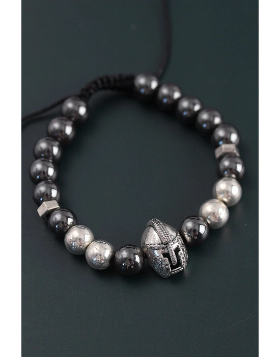 Doğal Taş Gladyatör Model Gümüş Ve Füme Renk Asansörlü Erkek Bileklik - Bamido