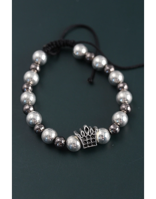 Doğal Taş Kral Tacı Model Gümüş Ve Füme Renk Asansörlü Erkek Bileklik - Bamido