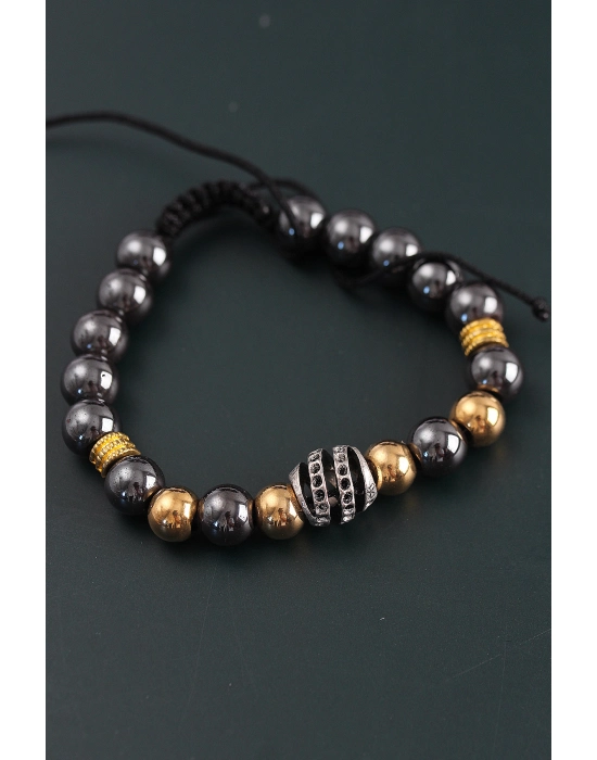 Doğal Taş Sarmal Model Gold Ve Füme Renk Asansörlü Erkek Bileklik - Bamido