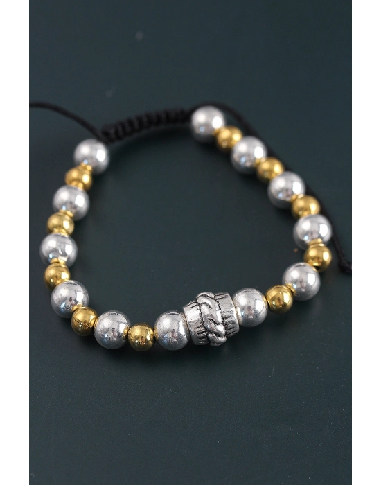 Doğal Taş Sarmal Model Gold Ve Gümüş Renk Asansörlü Erkek Bileklik - Bamido