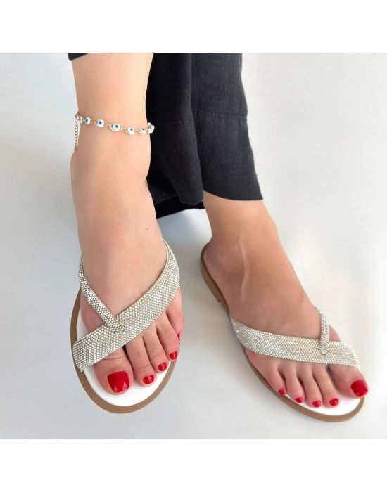 Eday Gümüş Boncuk İşlemeli Terlik - Bamido