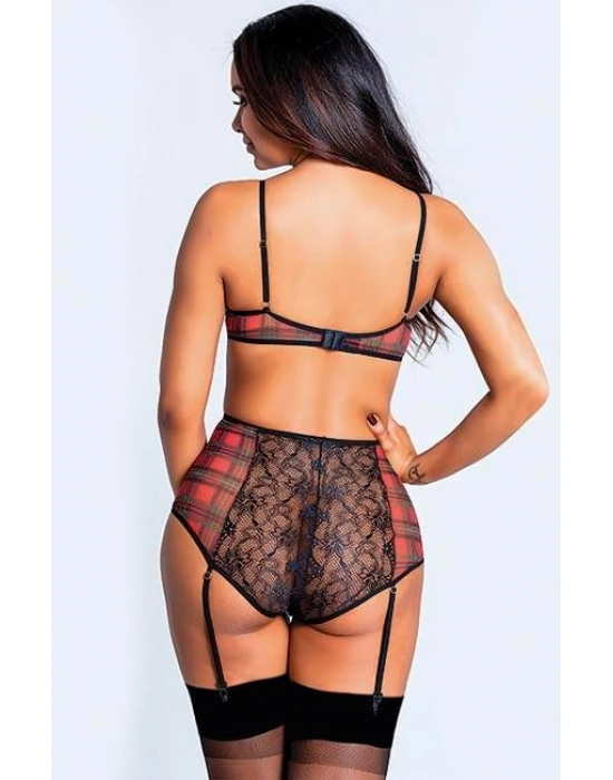 Ekose Desenli Yüksek Bel Fantezi Jartiyer Takımı