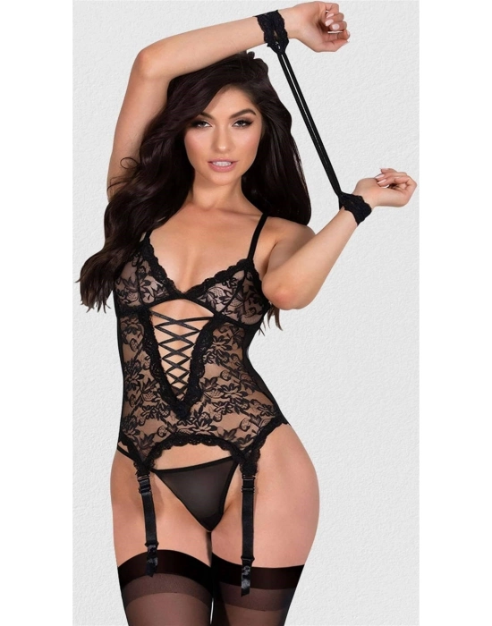 Elleri Kelepçeli Dantel Siyah Fantezi Jartiyer Takımı