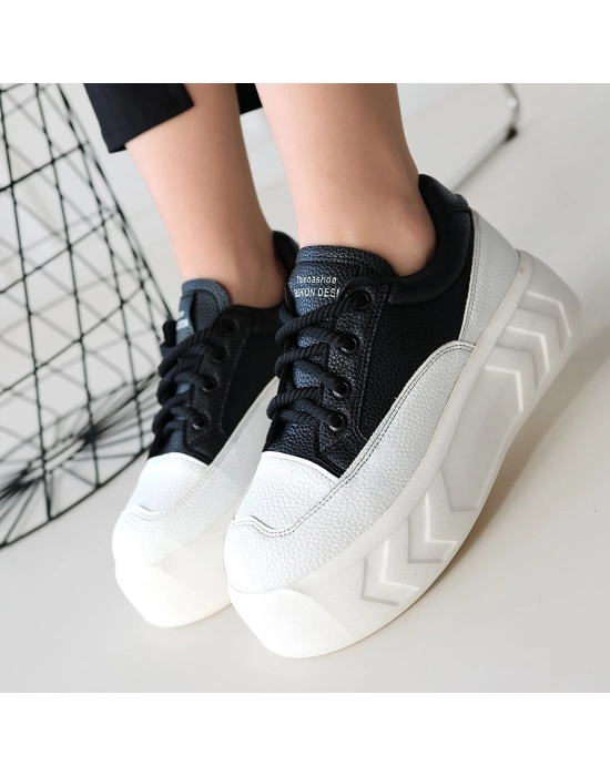 Emwa Siyah Cilt Bağcıklı Spor Ayakkabı - Bamido