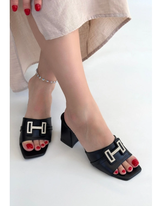 Erew Siyah Cilt Topuklu Terlik - Bamido