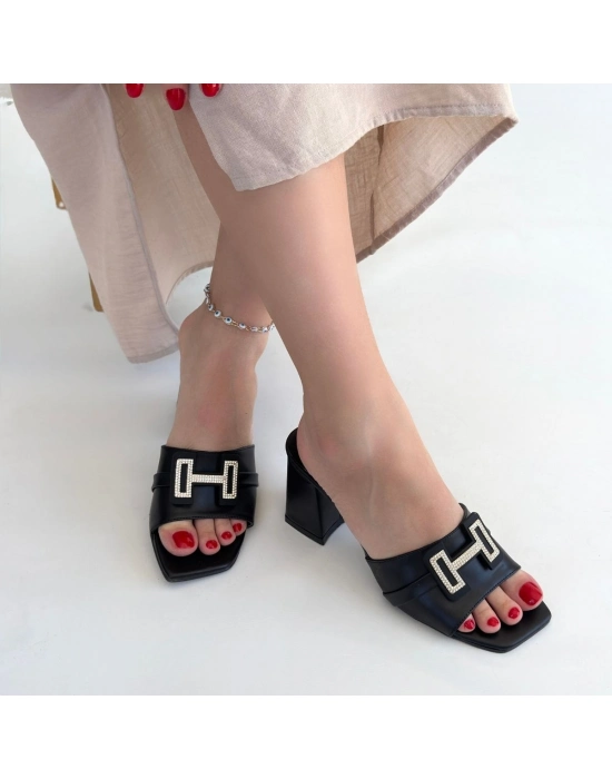 Erew Siyah Cilt Topuklu Terlik - Bamido