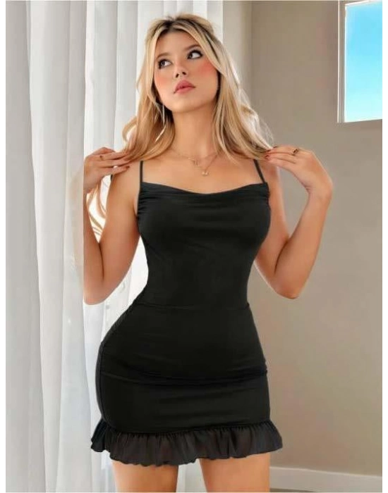 Eteği Fırfırlı Siyah Sırt Dekolteli Mini Club Elbisesi