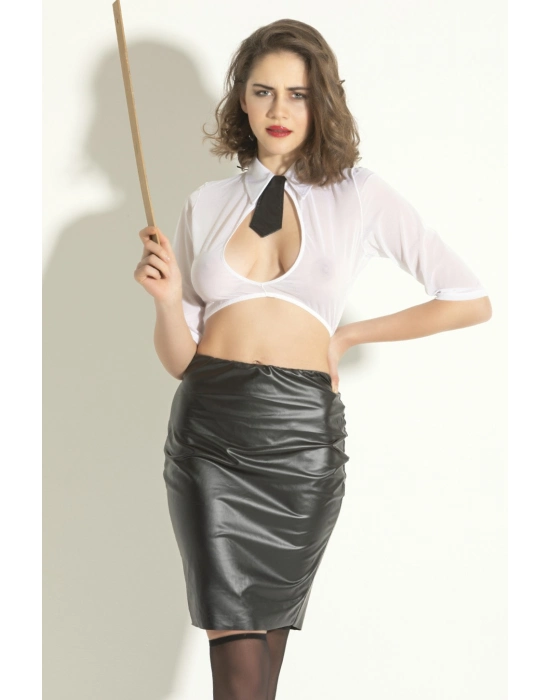 Fantazi Kadın Kostümü, Transparan File Üst, Deri Etekli Takım Ve Çorap, Kadın Gecelik