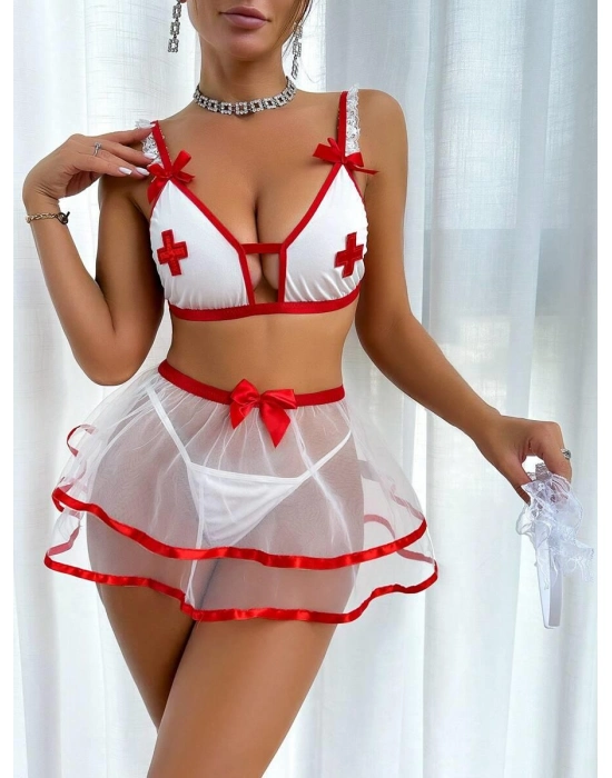 Fantezi Beyaz Tül Etekli Seksi Hemşire Kostümü