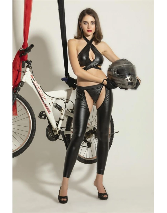 Fantezi Deri Motosikletçi Kız Kostümü Siyah (brf6344)