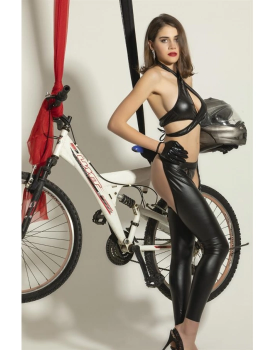 Fantezi Deri Motosikletçi Kız Kostümü Siyah (brf6344)