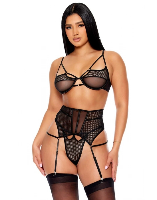 Fantezi File Tül Detaylı Siyah Jartiyer  Takım