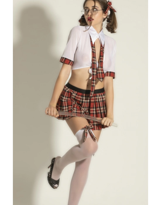 Fantezi Okul Kız Kostümü 5li Set - Transparan Gömlek, Mini Etek, Çorap Ve Kravat,toklar