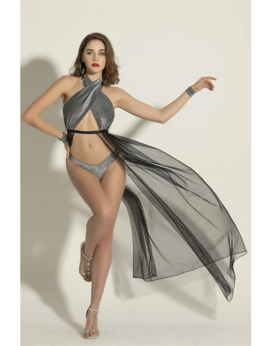 Fantezi Simli Elbise, String Takım Siyah/gümüş (brf6062)