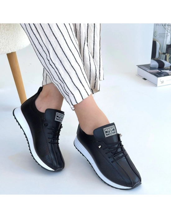 Fiert Siyah Cilt Bağcıklı Spor Ayakkabı - Bamido