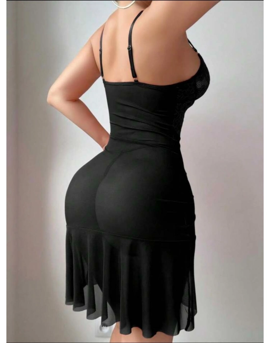 Fırfırlı Dantel İşlemeli Tül Fantezi Siyah Gecelik