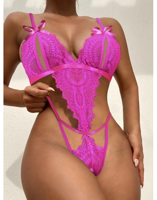 Fiyonklu Dantelli Fuşya Fantezi Body