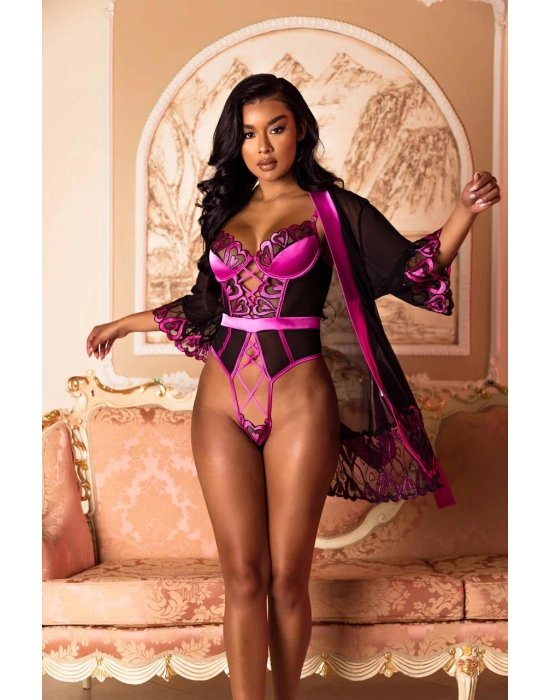 Fuşya Dantel İşlemeli Kalp Desenli Fantezi Gecelik Body Takımı