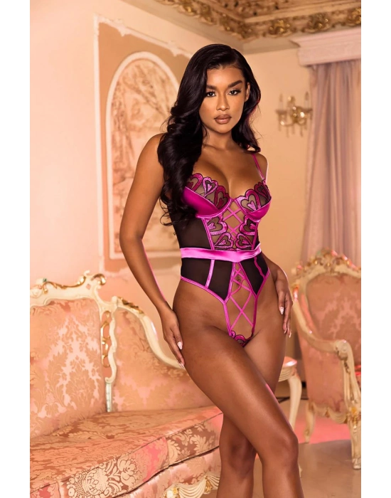 Fuşya Dantel İşlemeli Kalp Desenli Fantezi Gecelik Body Takımı