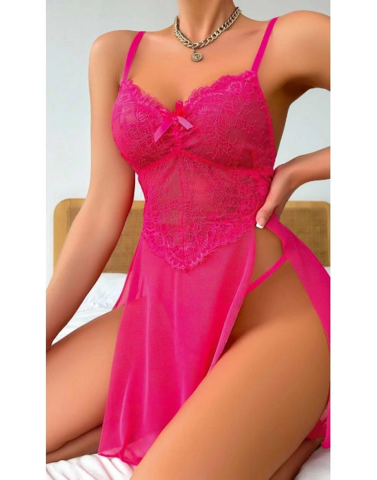 Fuşya Dantel İşlemeli Transparan Fantezi Tül Gecelik