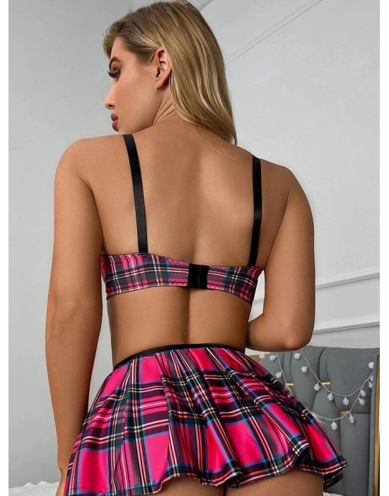 Fuşya Ekose Etekli Fantazi Kadın Kostüm