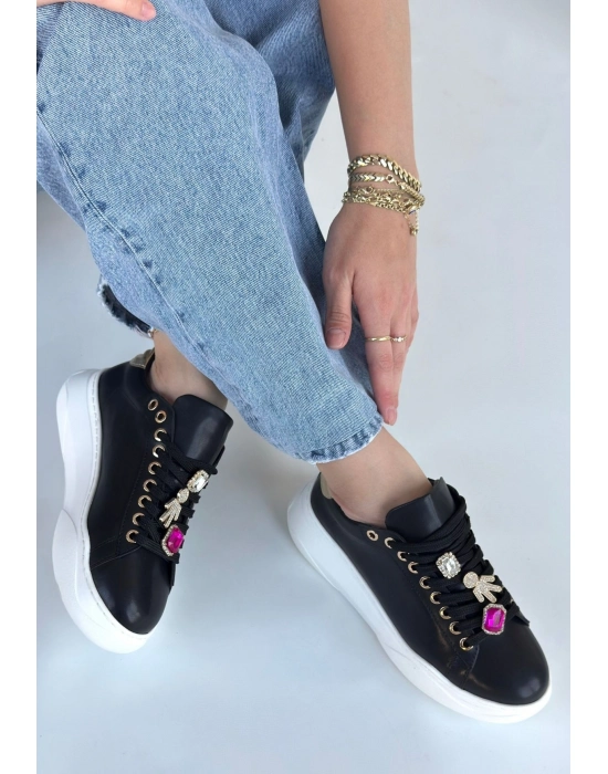 Gane Siyah Cilt Bağcıklı Spor Ayakkabı - Bamido