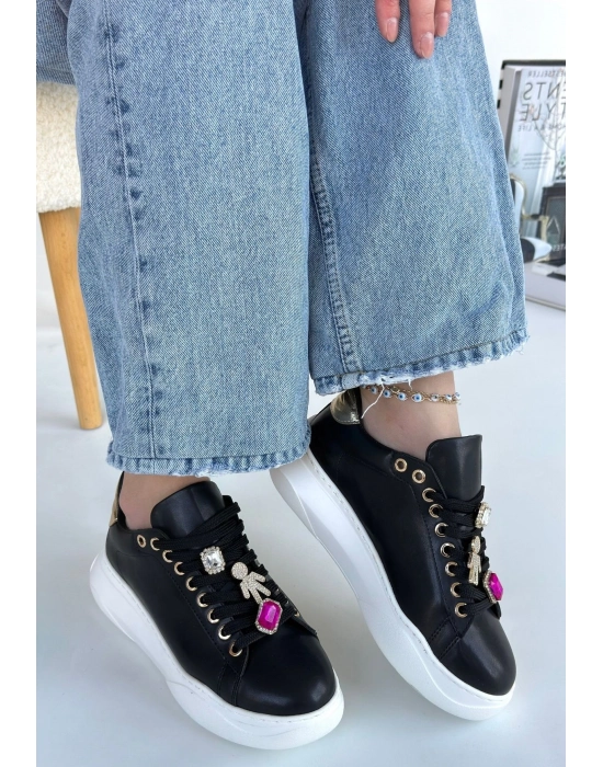 Gane Siyah Cilt Bağcıklı Spor Ayakkabı - Bamido