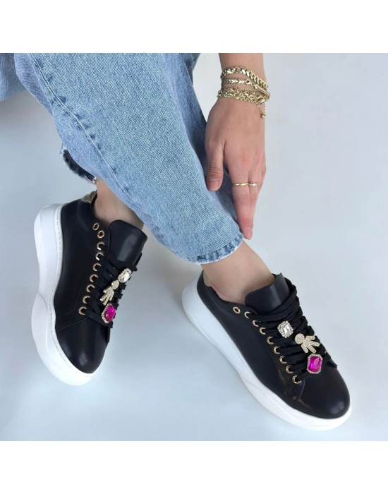 Gane Siyah Cilt Bağcıklı Spor Ayakkabı - Bamido