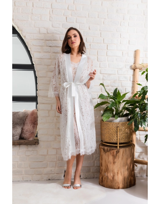 Gelin Set Transparan Midi Boy Kuşaklı Sabahlık Ekru (mgp12176)