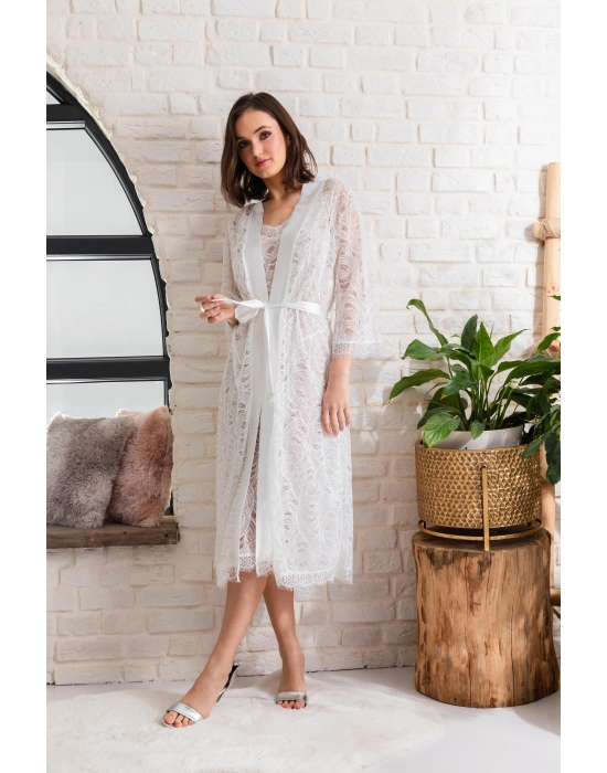 Gelin Set Transparan Midi Boy Kuşaklı Sabahlık Ekru (mgp12176)